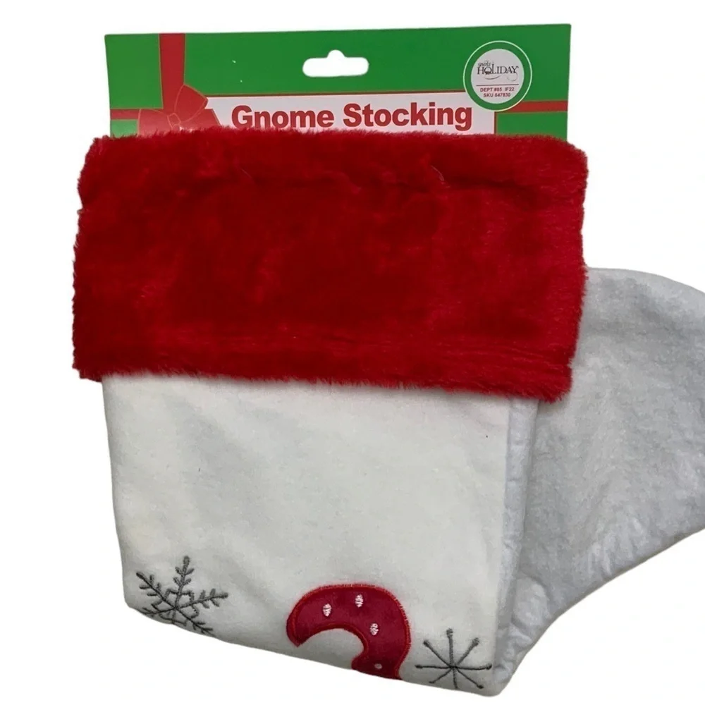 Christmas Stocking Santa Gnome Embroidery Embellishments 17 inches White Red